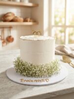amazing engagement cake with baby breath flowers and ring toppers