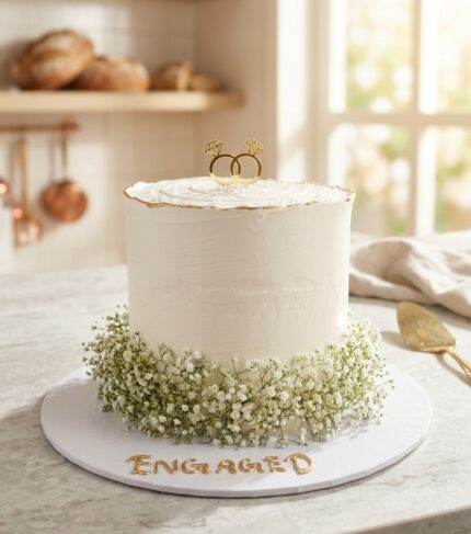 amazing engagement cake with baby breath flowers and ring toppers