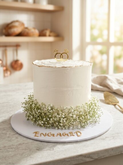 amazing engagement cake with baby breath flowers and ring toppers