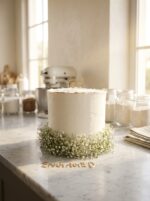 amazing engagement cake with baby breath flowers and ring toppers front view